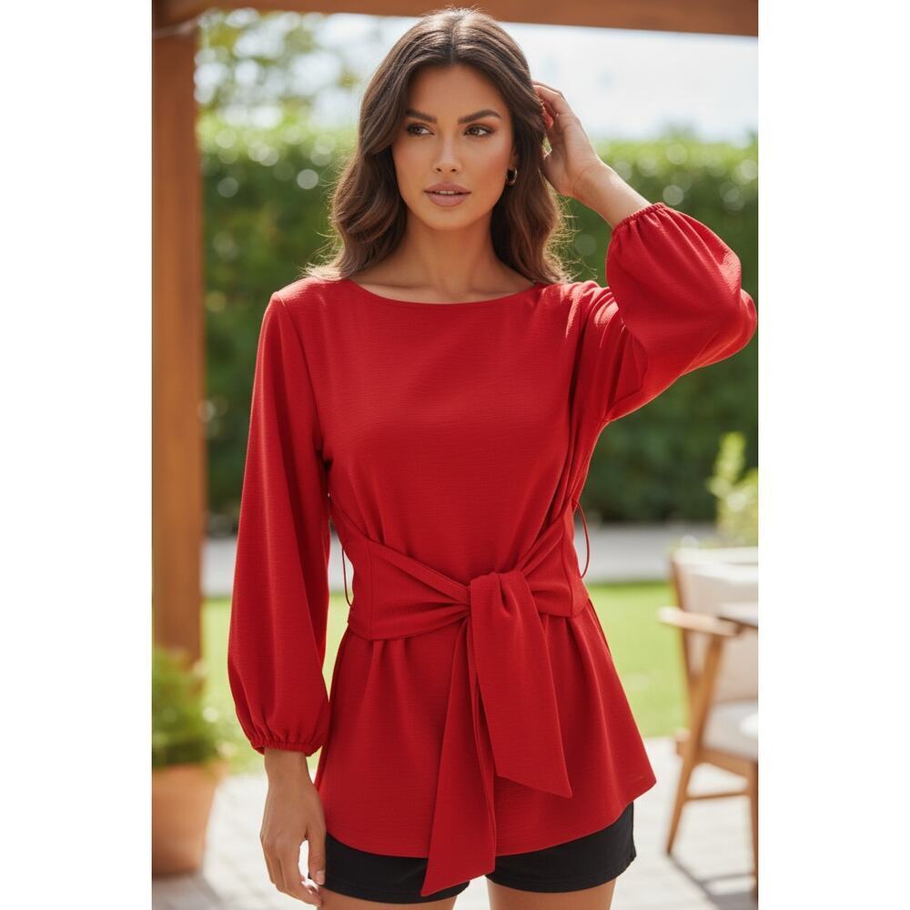 Red Tie Front Tunic Ribbed Knit Long Sleeve Waist Tie Dress Size M